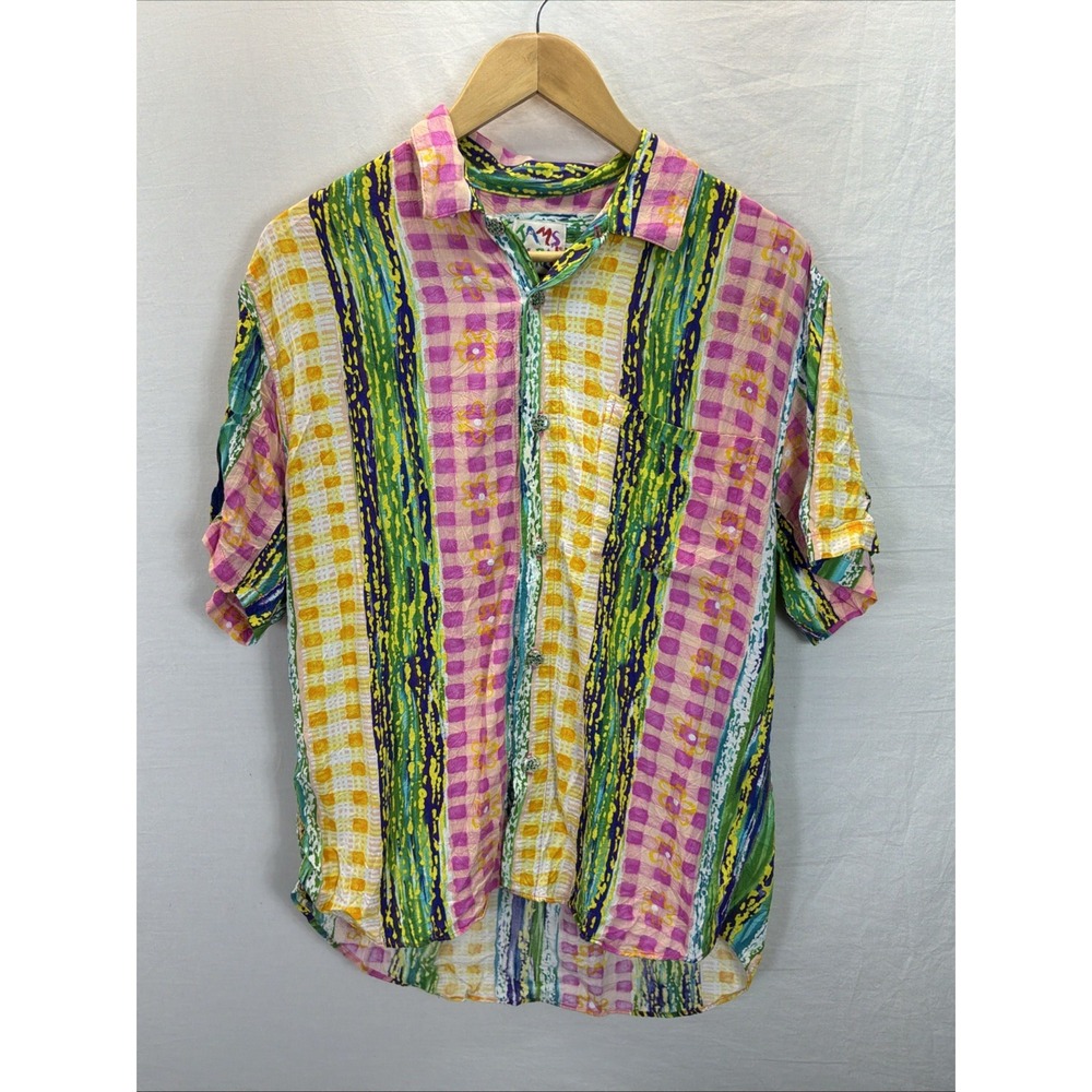 VTG Jams World camp Button Up Shirt Mens Med Colorful mixed print stripes